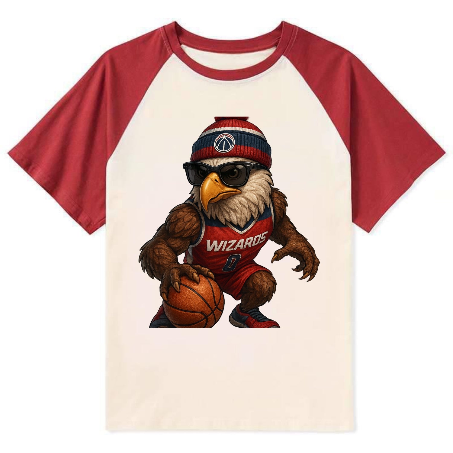 DC Eagle wearing Wizards red white and blue beanie with monument patch - Contrast Raglan T-shirt - Red