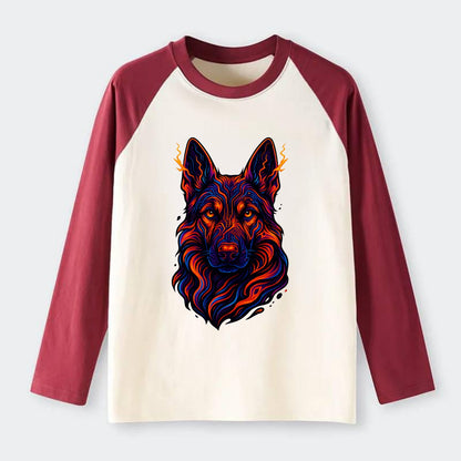 Alert German Shepherd with cyber circuit patterns in the fur, neon - Raglan Long Sleeve T-Shirt - Red