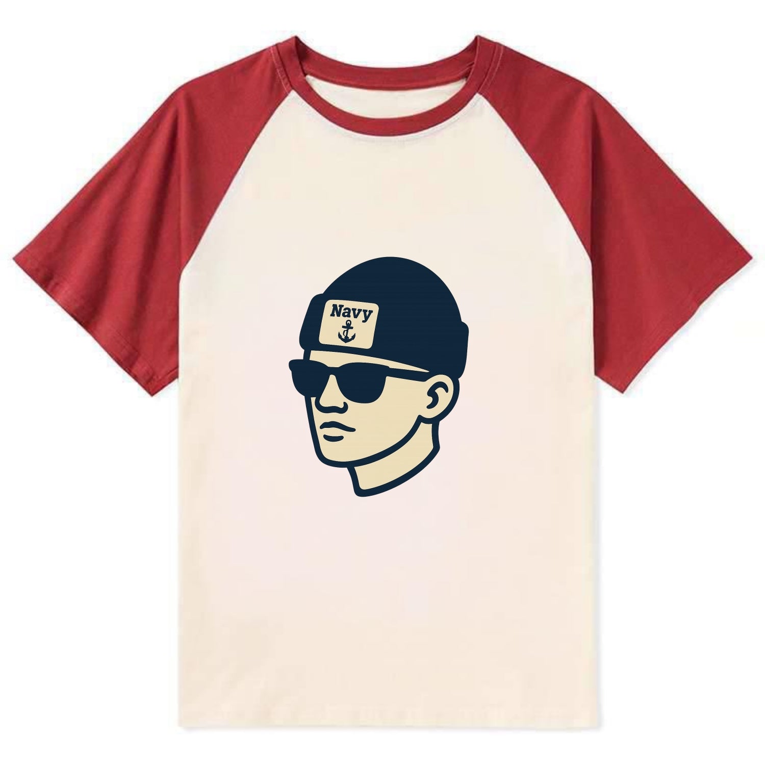 Annapolis Midshipman wearing Navy beanie with anchor patch - Contrast Raglan T-shirt - Red