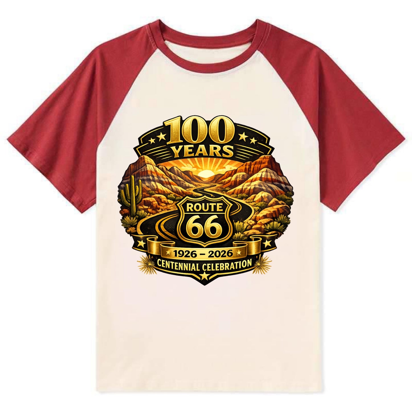 PAINTED DESERT | Colorful desert landscape | Route 66 winding through | - Contrast Raglan T-shirt - Red