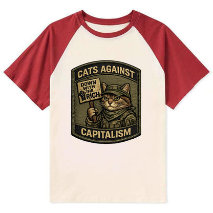 CATS AGAINST CAPITALISM - cat with protest sign in red , political cat - Contrast Raglan T-shirt - Red