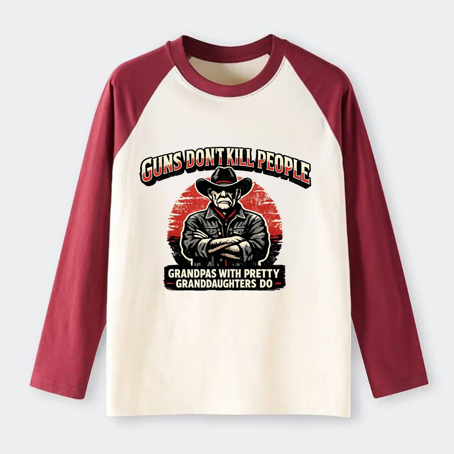 Grandpas Pretty Granddaughters - Cowboy - Raglan Long Sleeve T-Shirt - Red