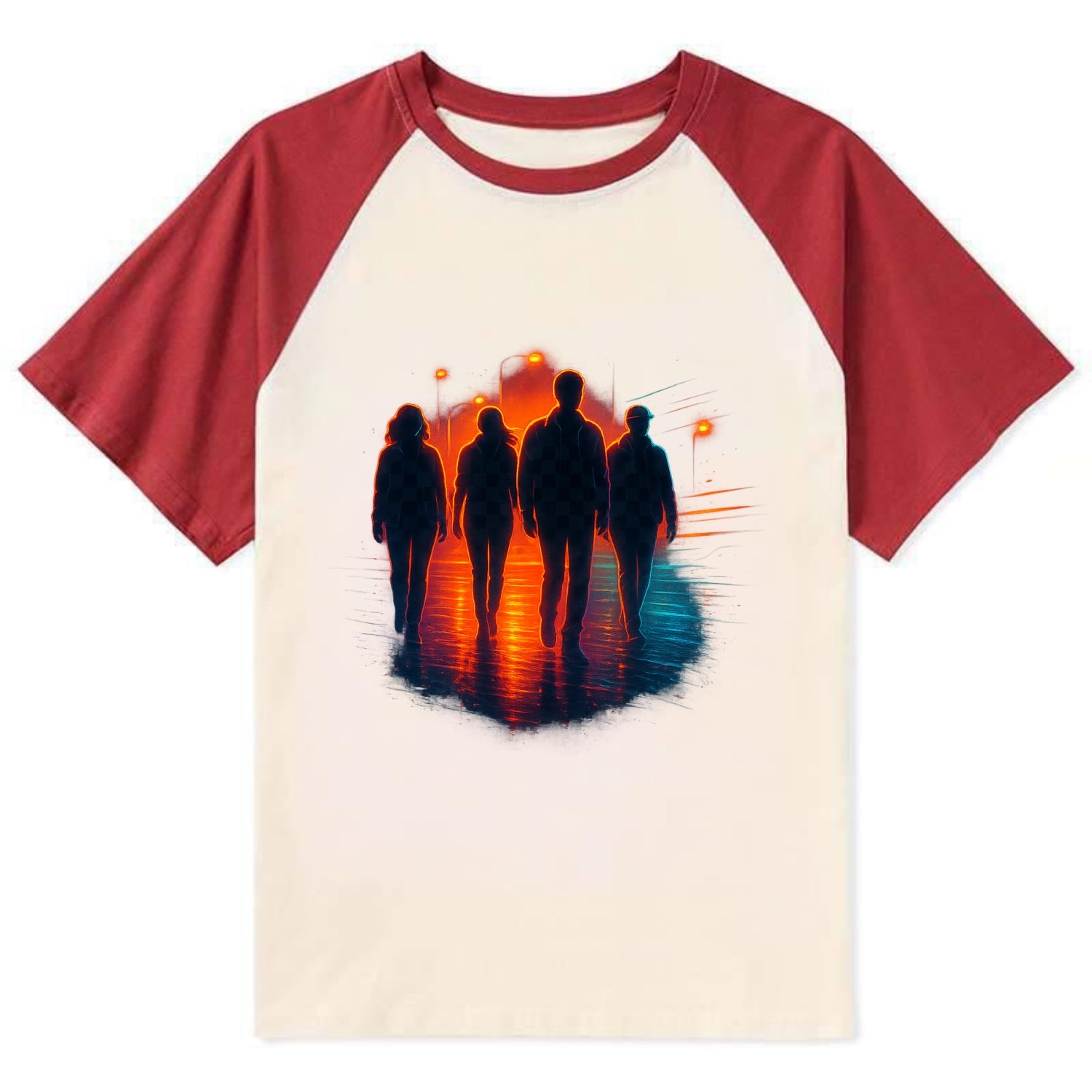 gang of silhouettes walking together at sunset by the beach - Contrast Raglan T-shirt - Red