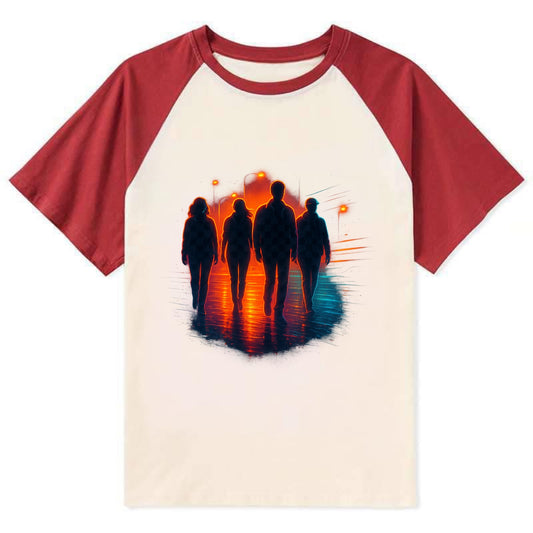 gang of silhouettes walking together at sunset by the beach - Contrast Raglan T-shirt - Red