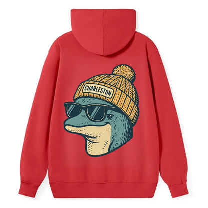 Charleston Dolphin wearing Charleston beanie with pom pom and wayfarer - Classic Pullover Hoodie - Red