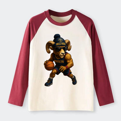 Mile High Bighorn wearing Nuggets beanie with mountain patch and - Raglan Long Sleeve T-Shirt - Red