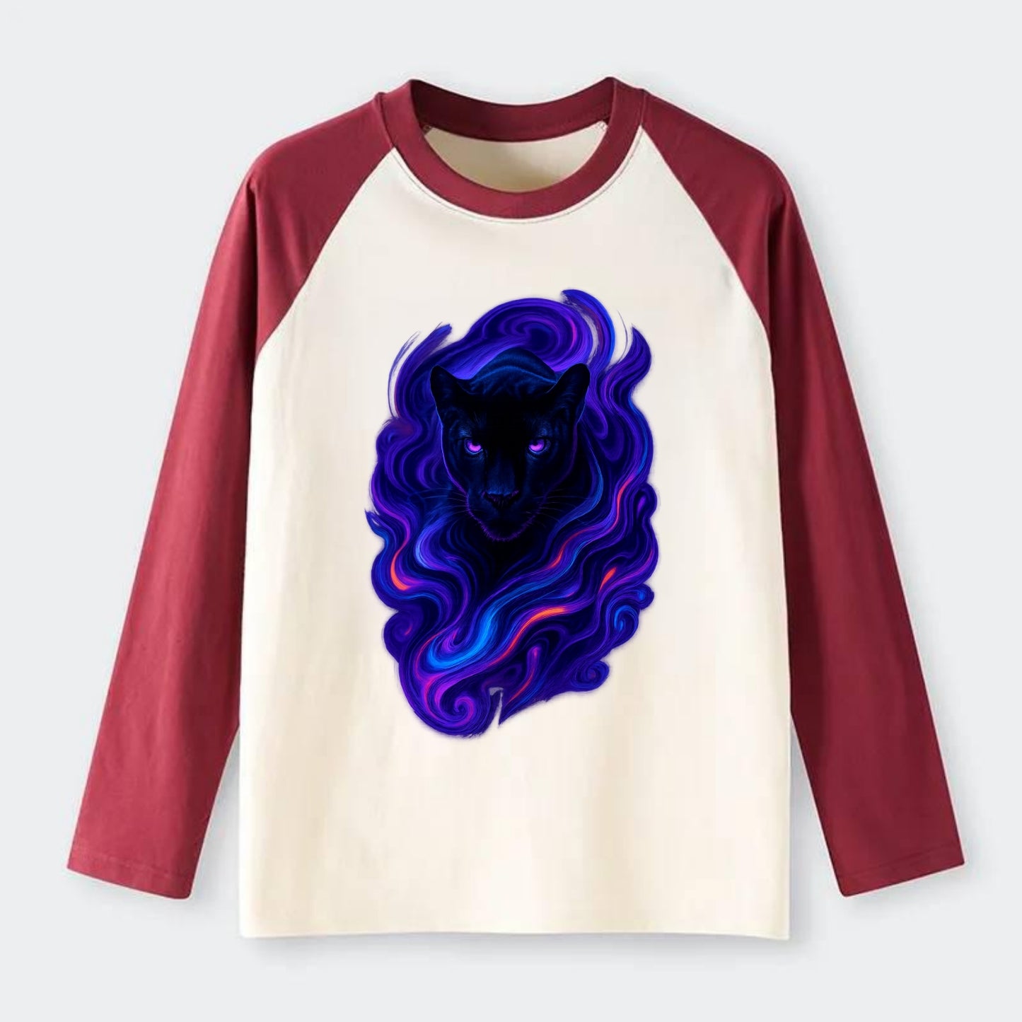 Sleek black panther emerging from swirls of deep purple and electric - Raglan Long Sleeve T-Shirt - Red