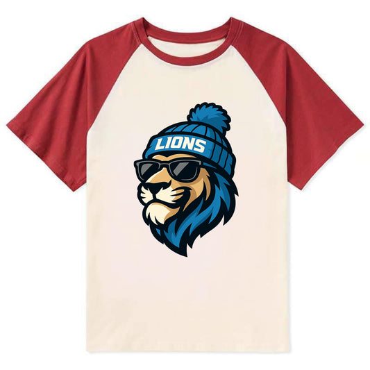 Detroit Lion wearing Lions Honolulu blue and silver beanie with pom pom - Contrast Raglan T-shirt - Red