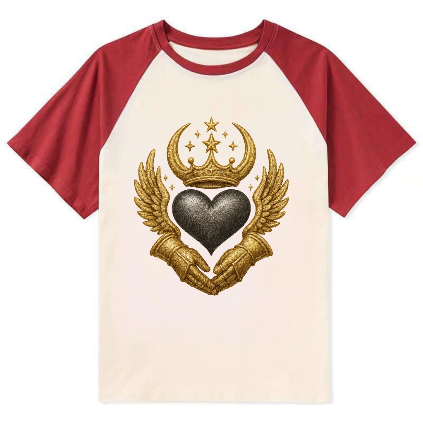 Nordic knotwork crown supporting a frosted steel heart with mittened - Contrast Raglan T-shirt - Red