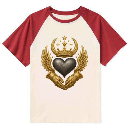 Nordic knotwork crown supporting a frosted steel heart with mittened - Contrast Raglan T-shirt - Red
