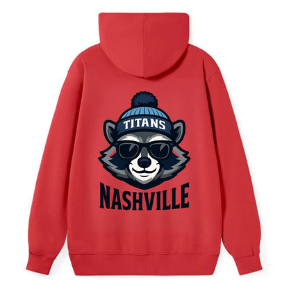 Nashville Raccoon wearing Titans navy and light blue beanie with pom pom - Classic Pullover Hoodie - Red