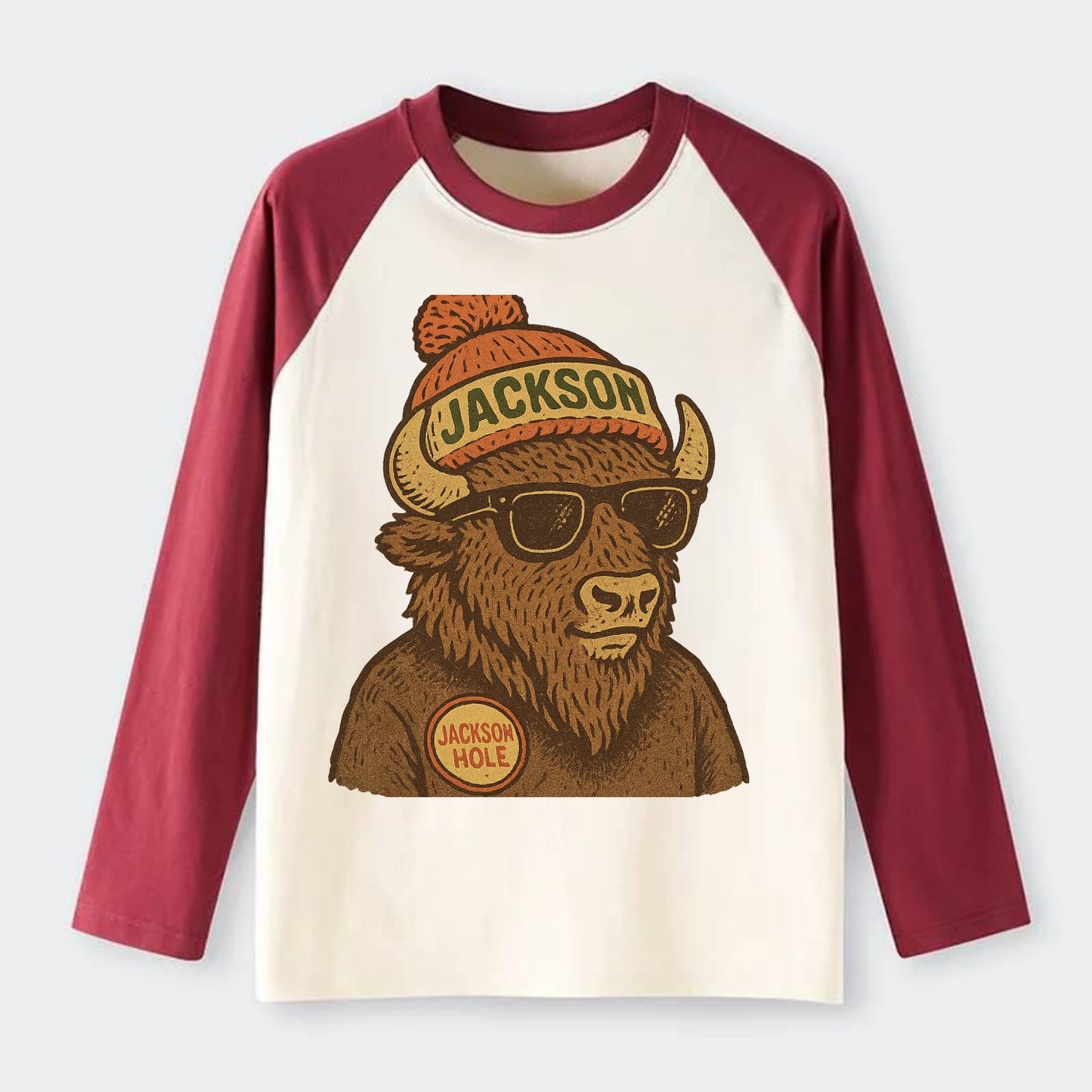 Jackson Hole Bison wearing Jackson beanie with pom pom and wayfarer - Raglan Long Sleeve T-Shirt - Red