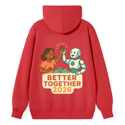 Human and AI robot high-fiving as collaborative partners - "Better - Classic Pullover Hoodie - Red