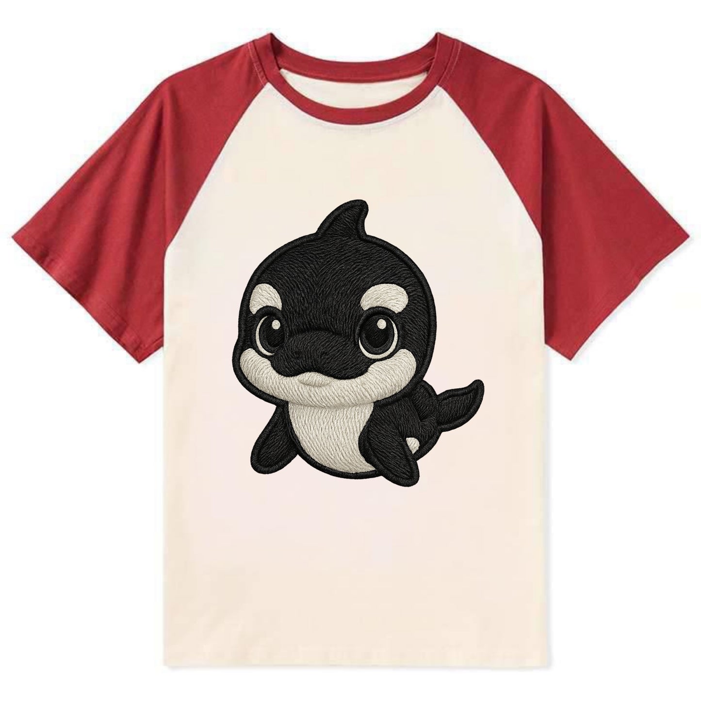 Baby Orca - black and white pattern, white eye patch, front-facing, - Contrast Raglan T-shirt - Red