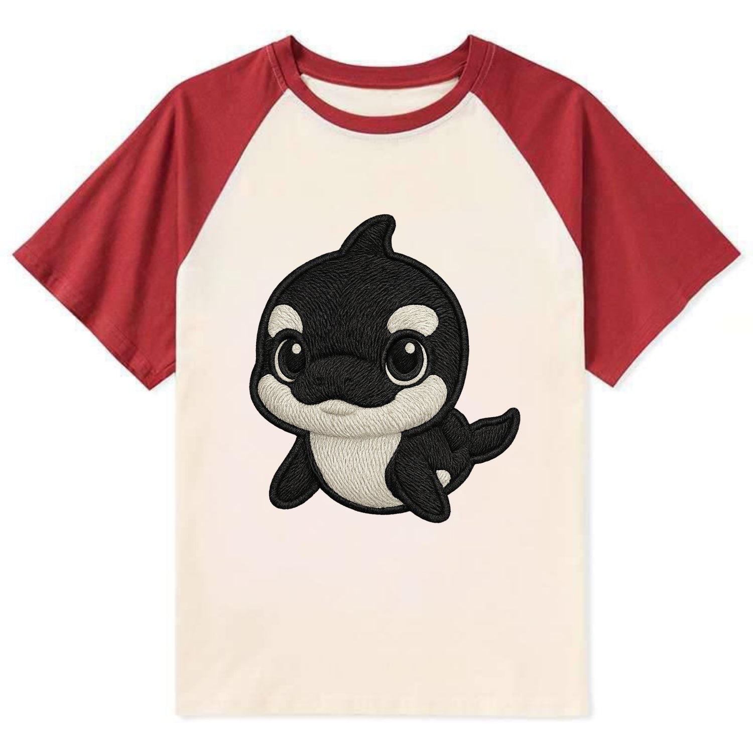 Baby Orca - black and white pattern, white eye patch, front-facing, - Contrast Raglan T-shirt - Red