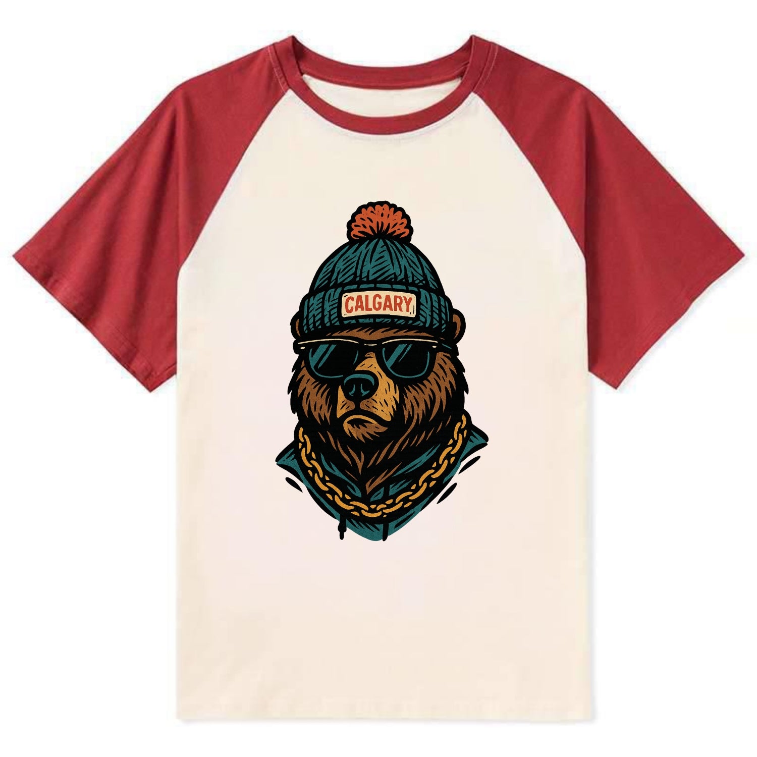 Calgary Grizzly Bear wearing Calgary beanie with pom pom and wayfarer - Contrast Raglan T-shirt - Red