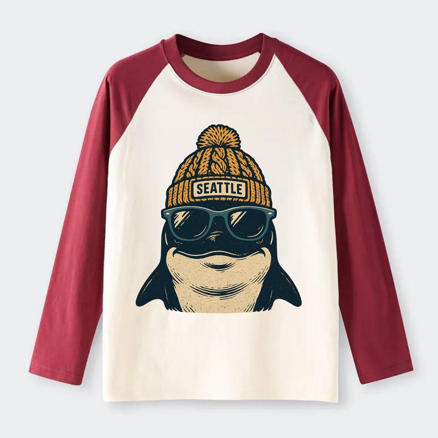 Seattle Orca wearing Seattle beanie with pom pom and wayfarer - Raglan Long Sleeve T-Shirt - Red