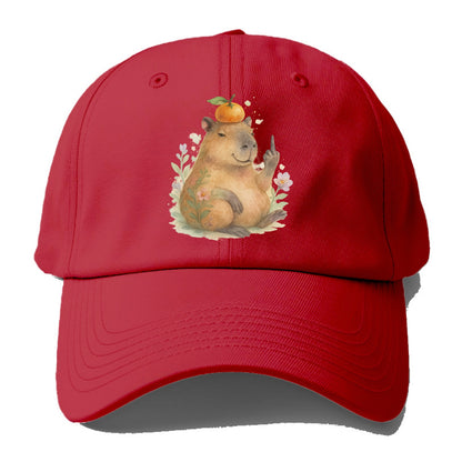 chonky capybara relaxing with orange on head, one webbed middle finger up - Baseball Cap - Red
