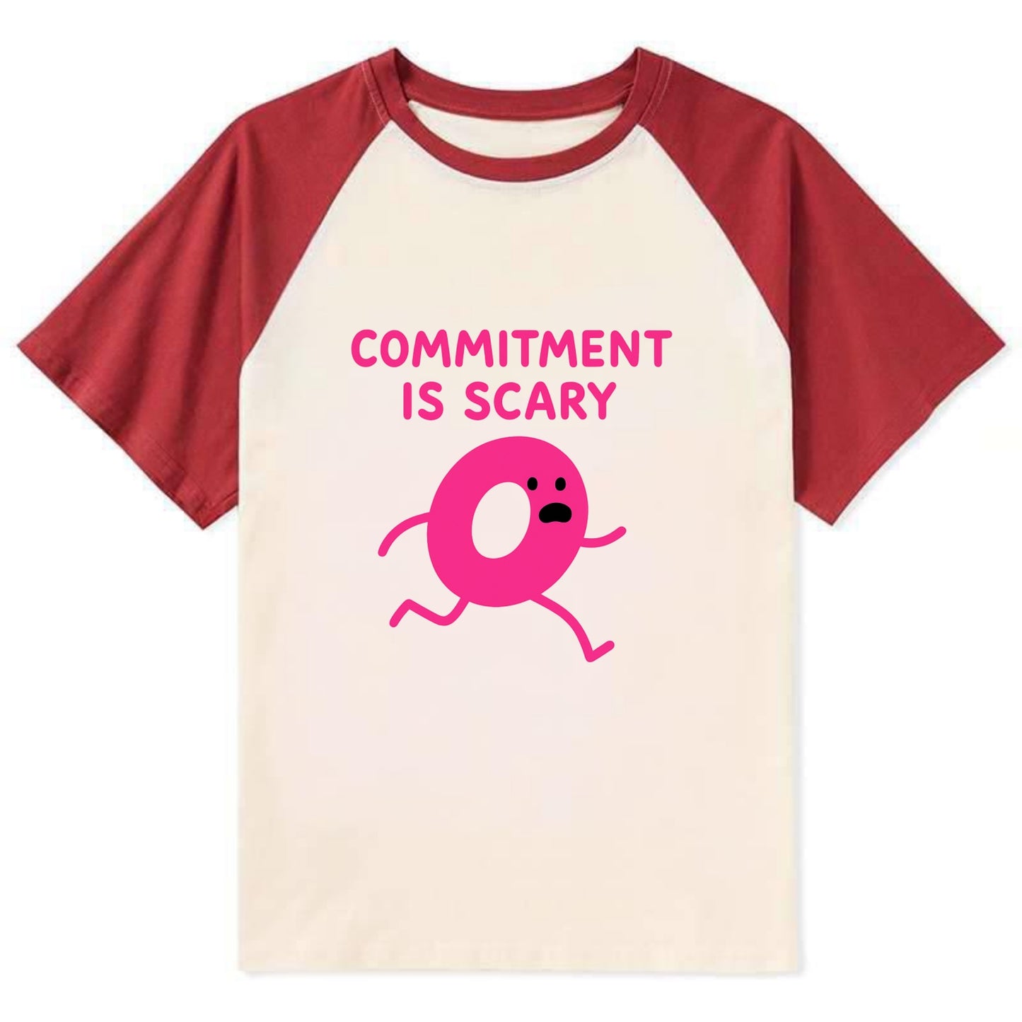 COMMITMENT IS SCARY | Terrified ring running away - Contrast Raglan T-shirt - Red