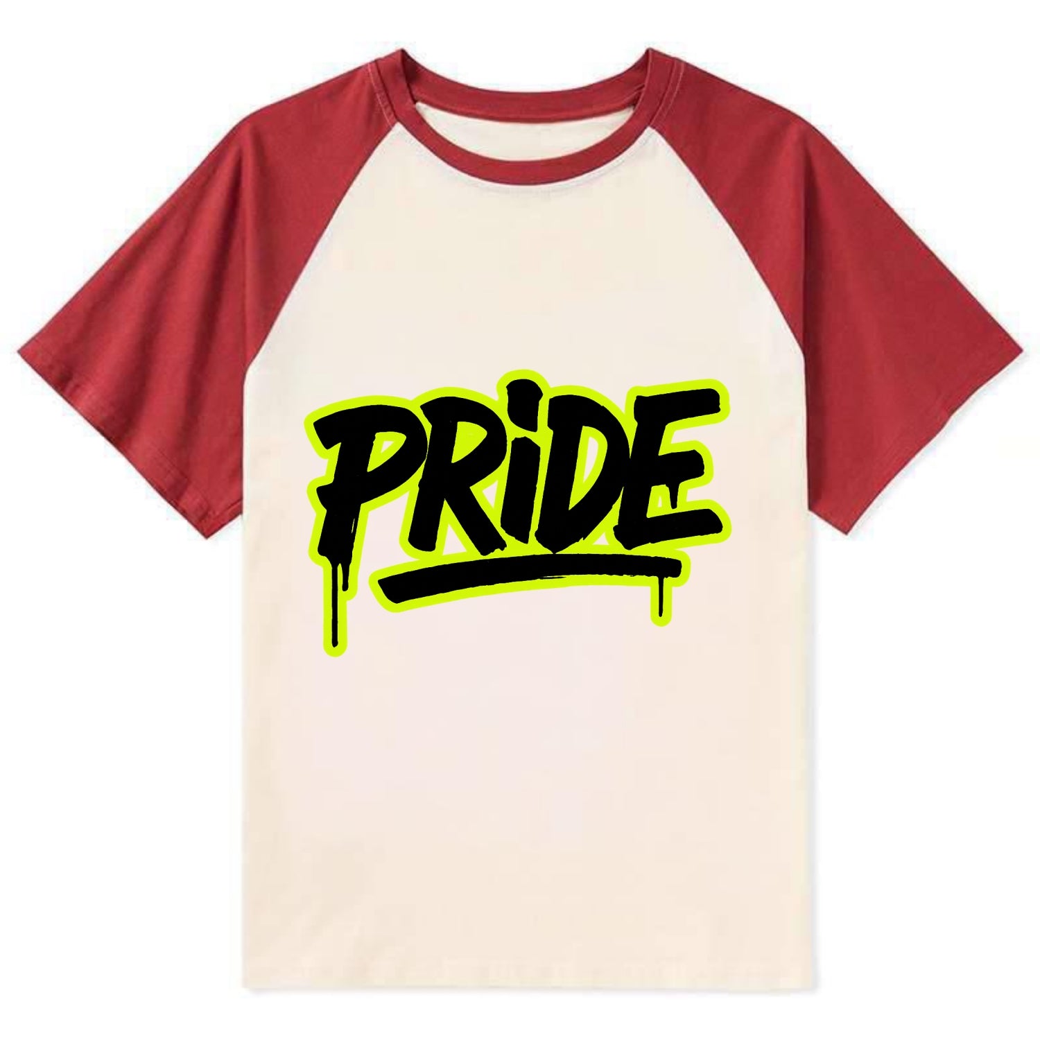 Bold typography design - "PRIDE" - dignified satisfaction, honor - Contrast Raglan T-shirt - Red