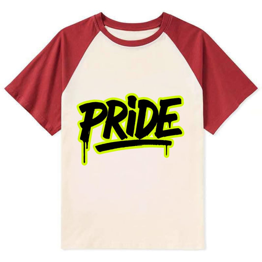 Bold typography design - "PRIDE" - dignified satisfaction, honor - Contrast Raglan T-shirt - Red