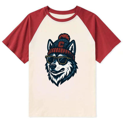 Storrs Husky wearing UConn beanie with C patch - Contrast Raglan T-shirt - Red