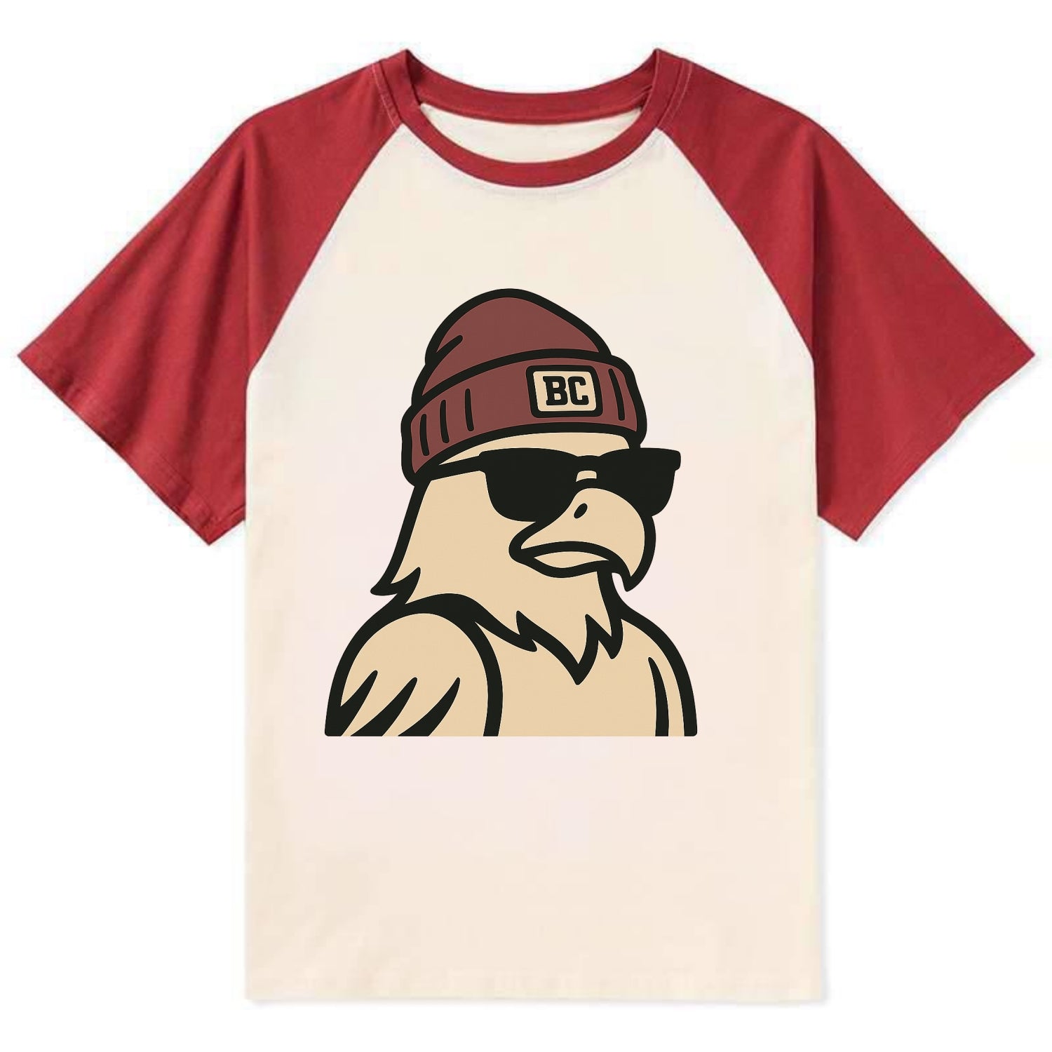 Chestnut Hill Eagle wearing Boston College beanie with BC patch - Contrast Raglan T-shirt - Red