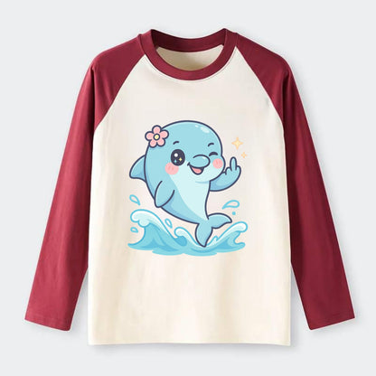 smiling dolphin jumping through ocean waves, one fin up with attitude - Raglan Long Sleeve T-Shirt - Red