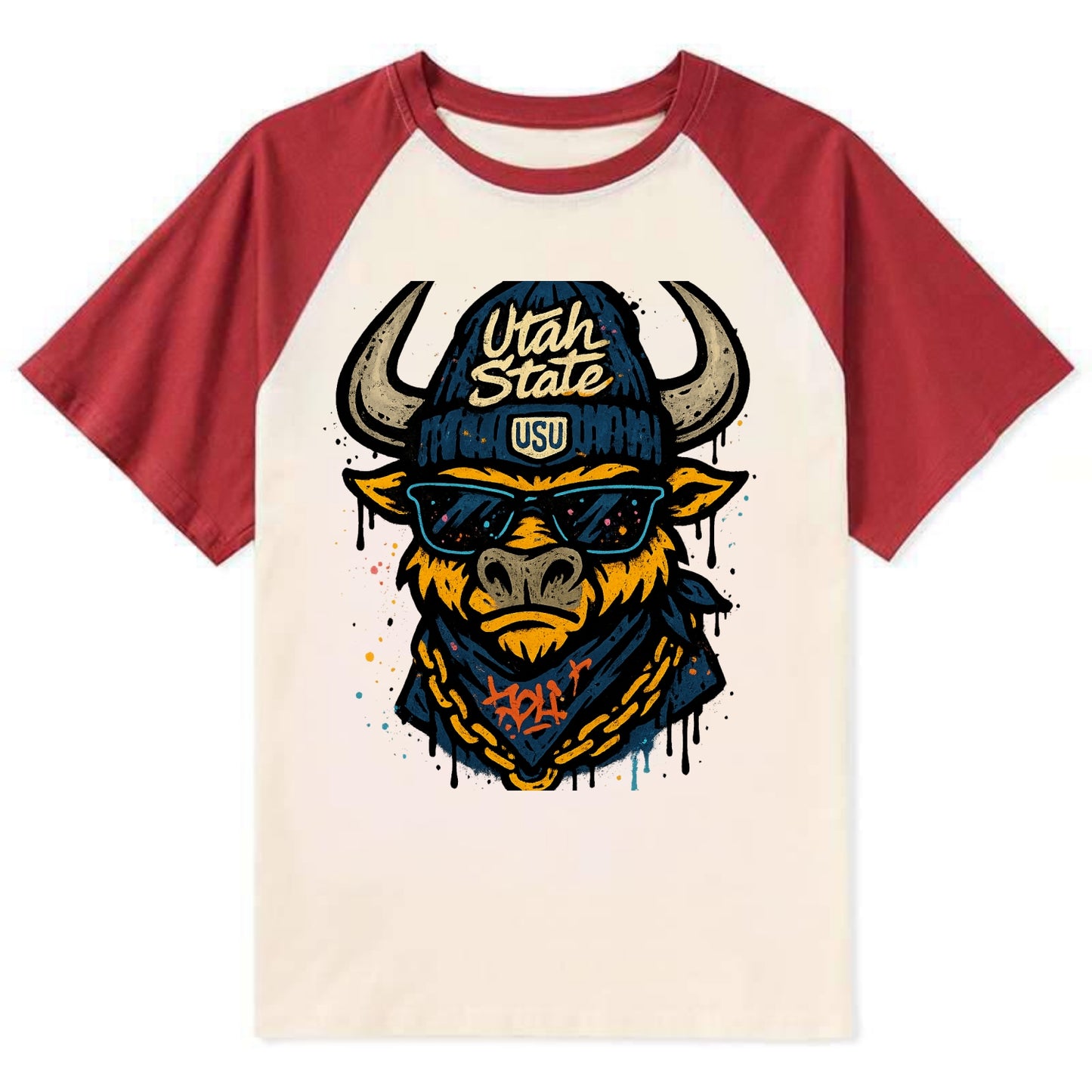 Logan Aggie wearing Utah State beanie with USU patch - Contrast Raglan T-shirt - Red