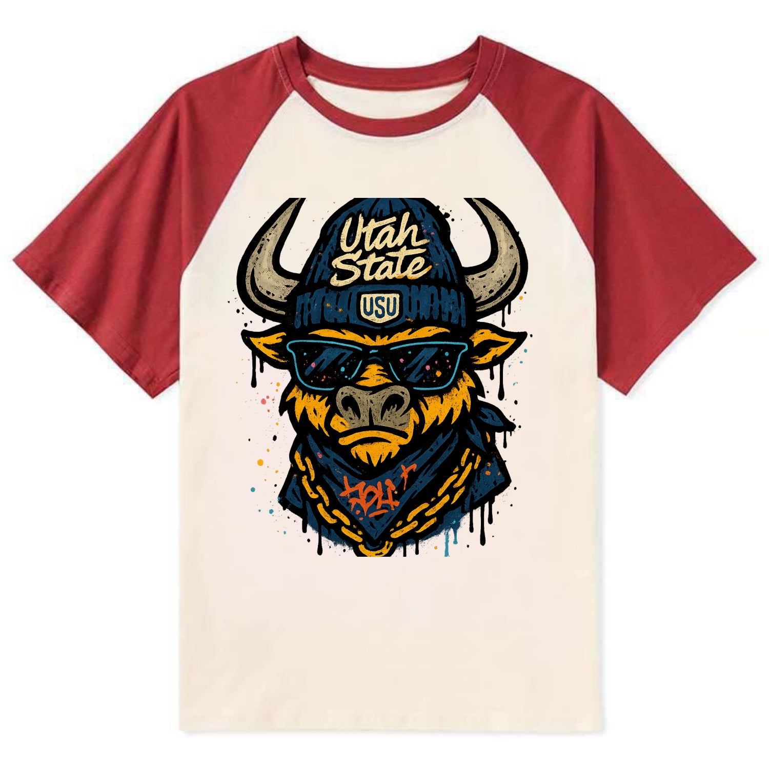 Logan Aggie wearing Utah State beanie with USU patch - Contrast Raglan T-shirt - Red