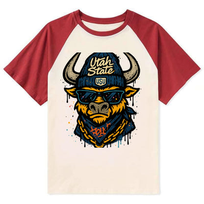 Logan Aggie wearing Utah State beanie with USU patch - Contrast Raglan T-shirt - Red