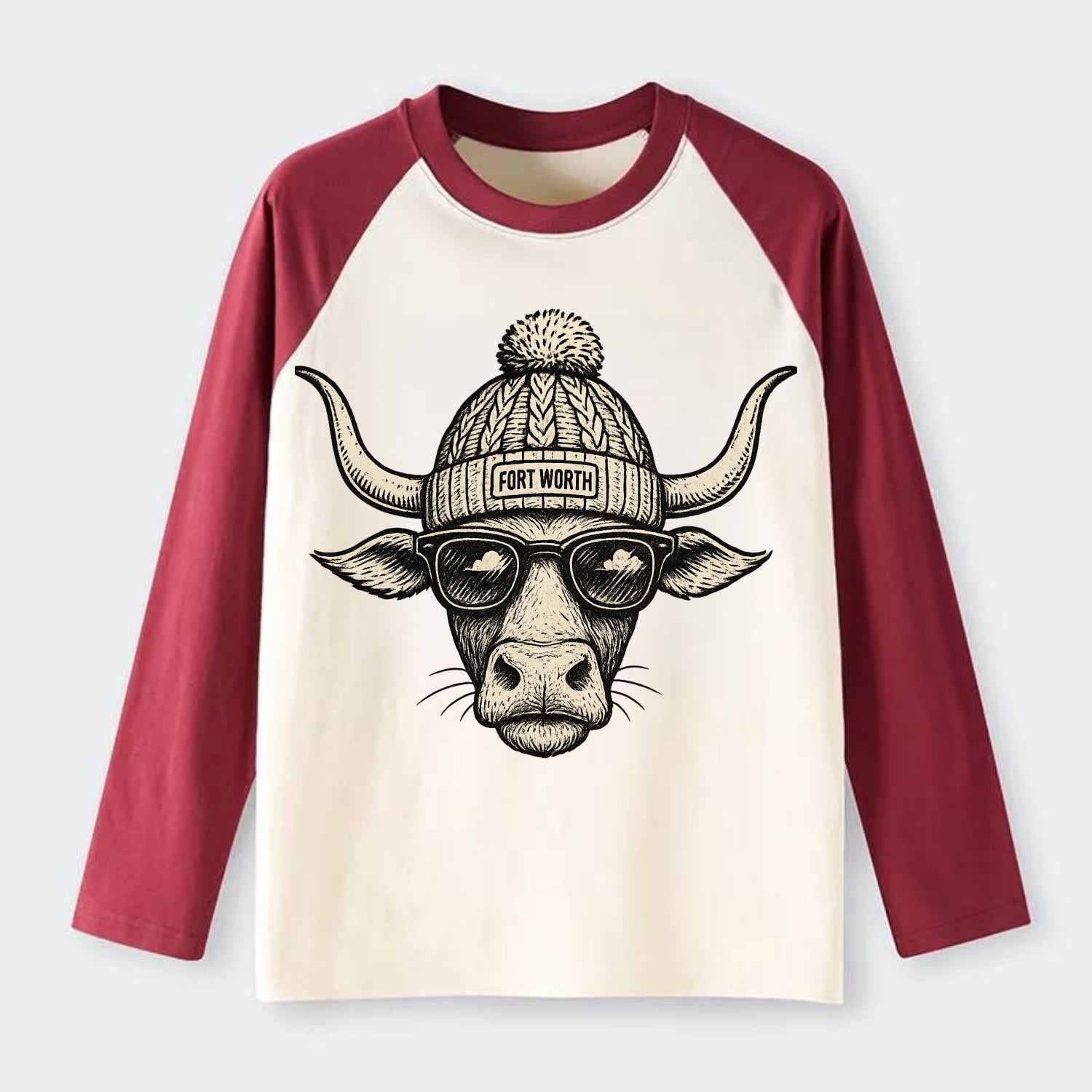 Fort Worth Longhorn wearing Fort Worth beanie with pom pom and - Raglan Long Sleeve T-Shirt - Red