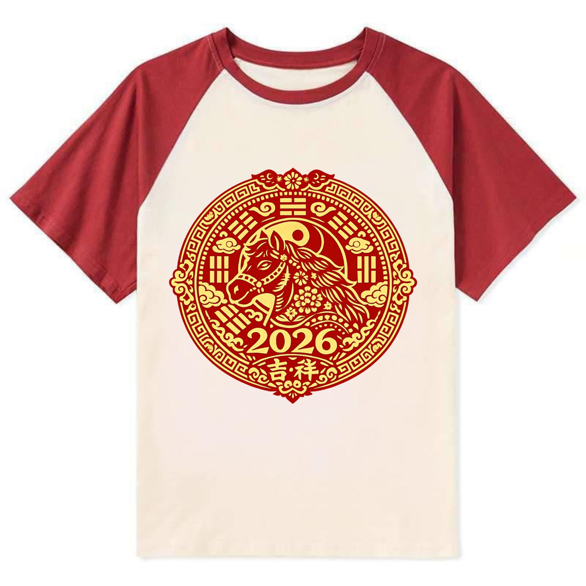 LUCKY HORSE MEDALLION | Circular medallion with horse profile | Intricate - Contrast Raglan T-shirt - Red