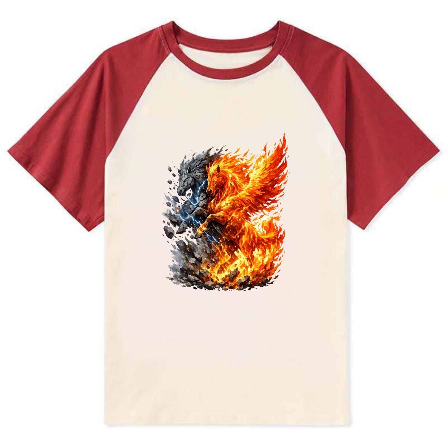 THUNDER FIRE | Horse combining lightning and flame | Electric fire | - Contrast Raglan T-shirt - Red
