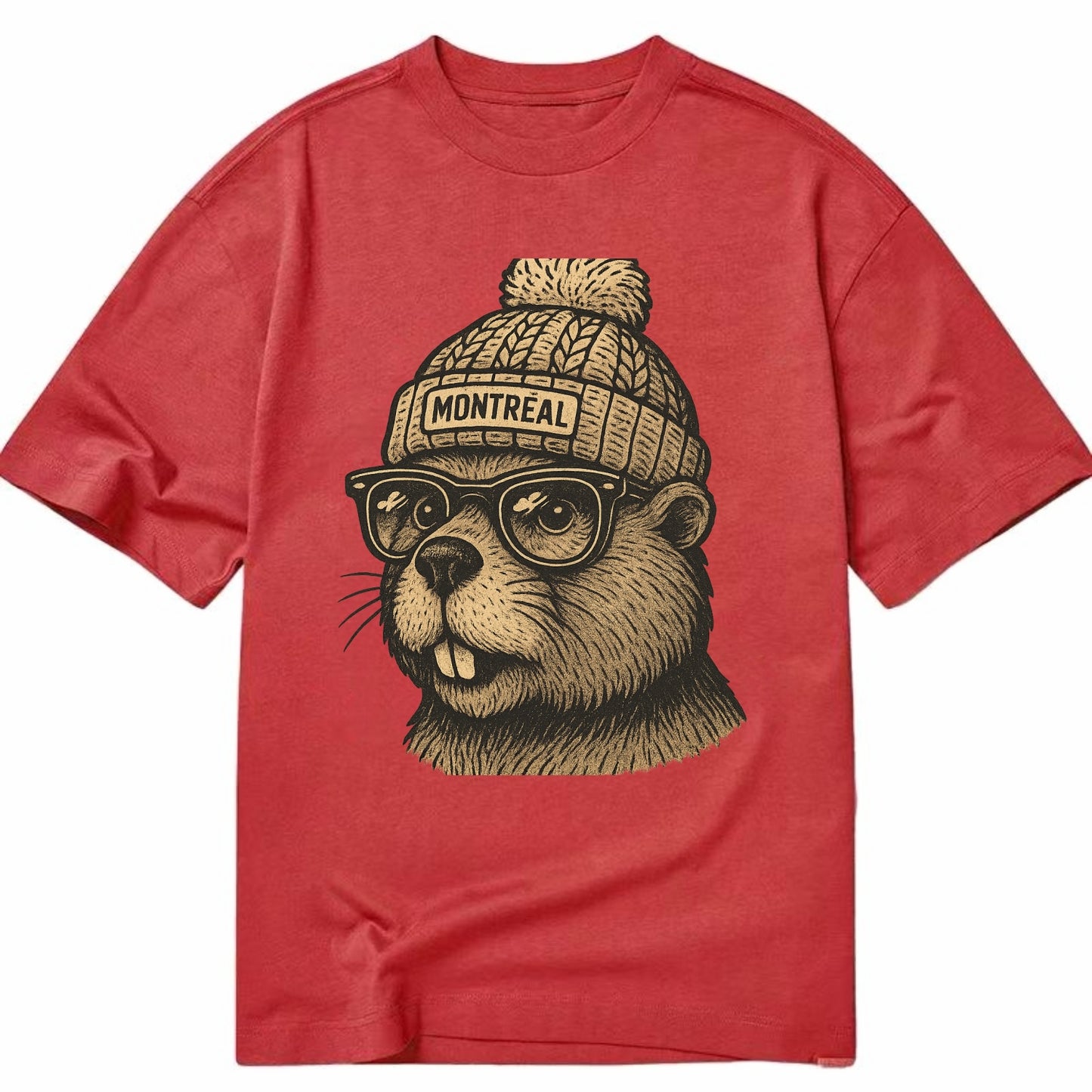 Montreal Beaver wearing Montreal beanie with pom pom and wayfarer sunglasses - Classic T-shirt - Red