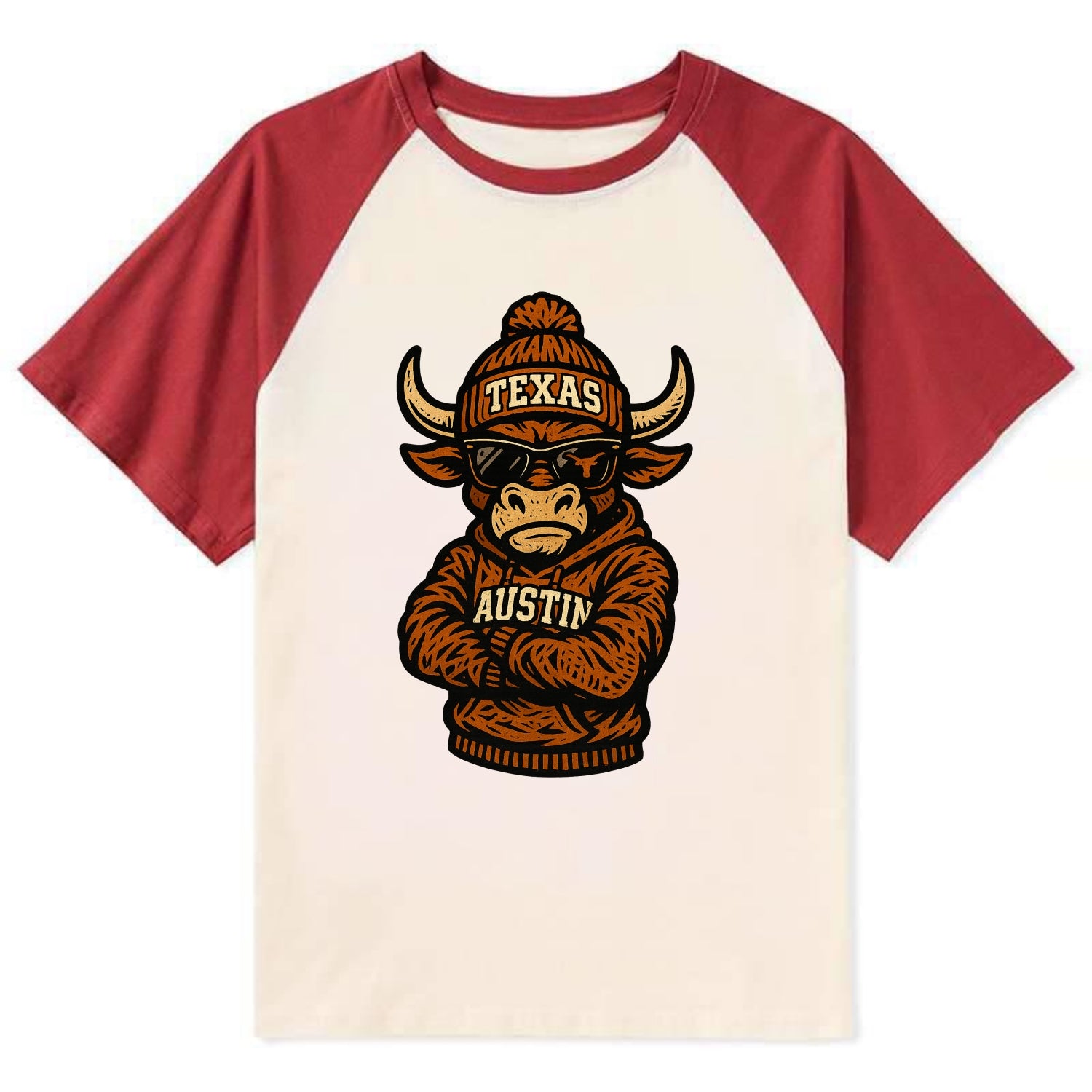 Austin Bevo wearing Texas beanie with longhorn patch - Contrast Raglan T-shirt - Red