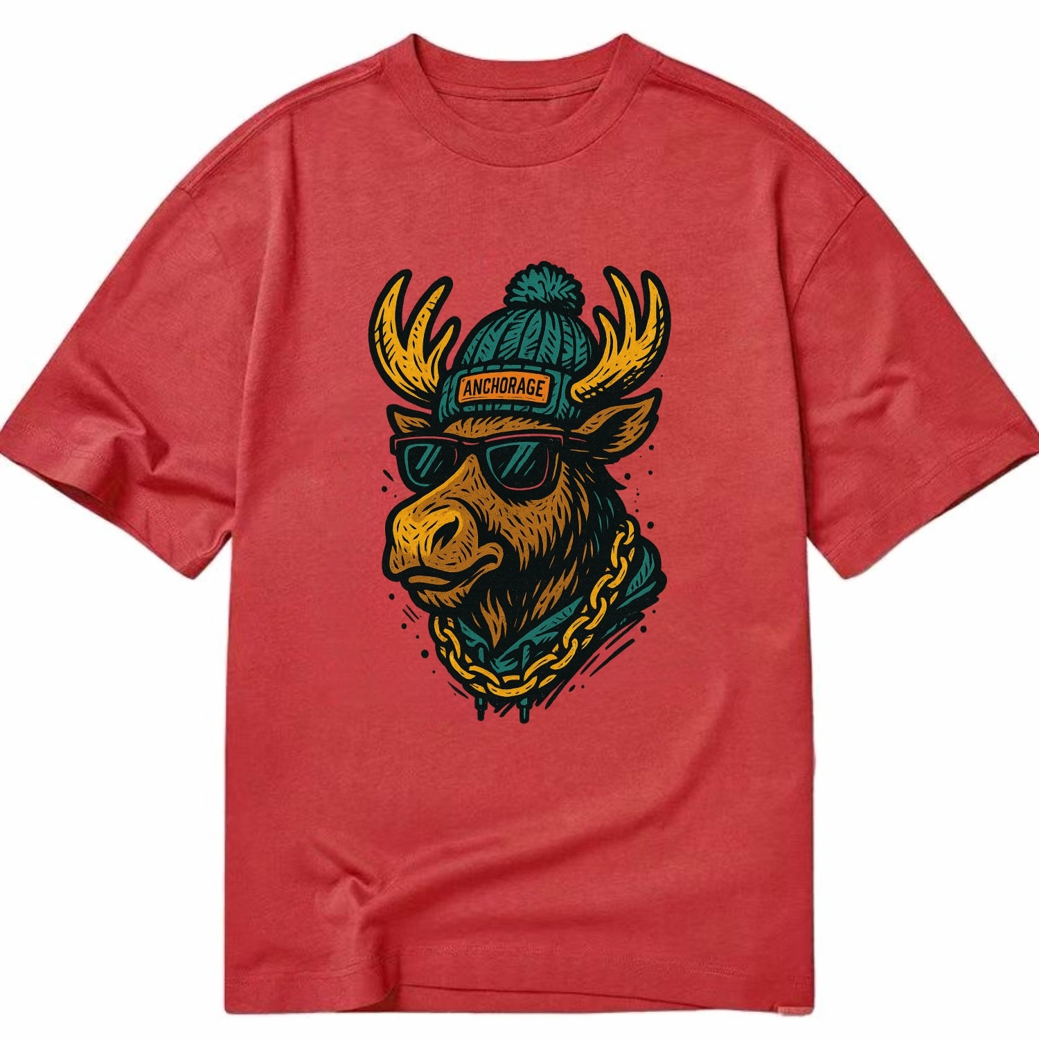 Alaska Moose wearing Anchorage beanie with pom pom and wayfarer sunglasses - Classic T-shirt - Red