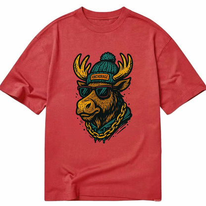 Alaska Moose wearing Anchorage beanie with pom pom and wayfarer sunglasses - Classic T-shirt - Red