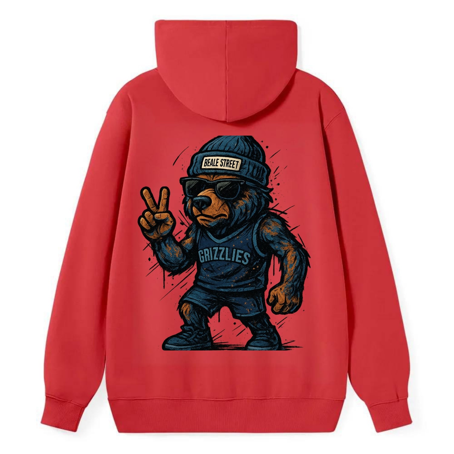 Memphis Grizzly Bear wearing Grizzlies navy and light blue beanie with - Classic Pullover Hoodie - Red
