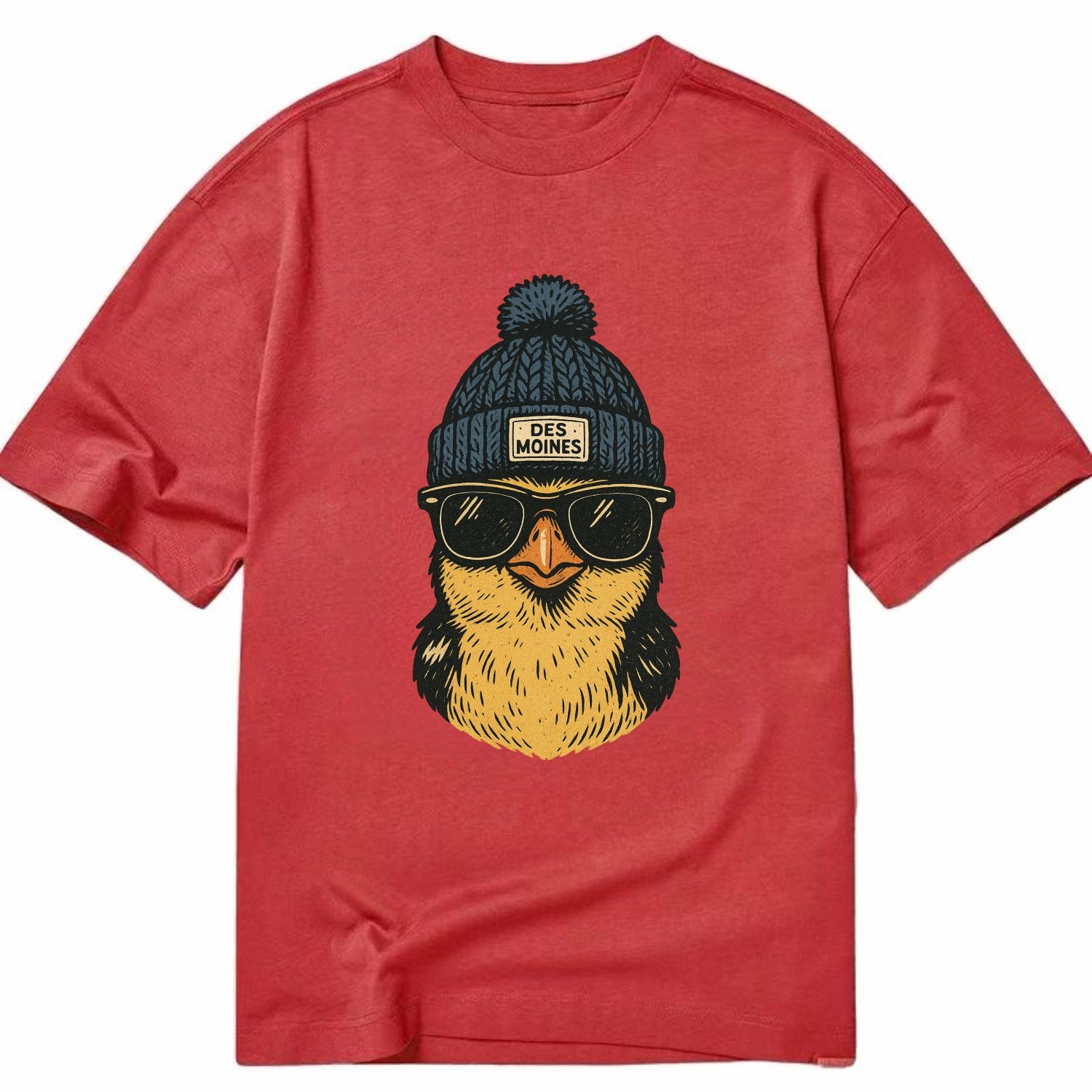 Iowa Goldfinch wearing Des Moines beanie with pom pom and wayfarer sunglasses - Classic T-shirt - Red