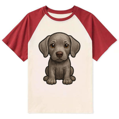 Baby Weimaraner Puppy - silver-gray coat, amber eyes, sleek body, - Contrast Raglan T-shirt - Red