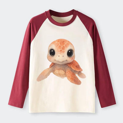 Baby Loggerhead Turtle - reddish-brown shell, big round dark eyes, - Raglan Long Sleeve T-Shirt - Red