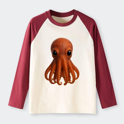 Baby Giant Pacific Octopus - reddish, smaller tentacles, expressive - Raglan Long Sleeve T-Shirt - Red