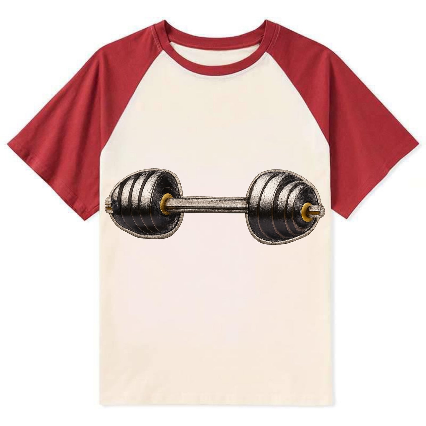 Embroidered patch design - WEIGHTLIFTING BARBELL - heavy barbell with - Contrast Raglan T-shirt - Red
