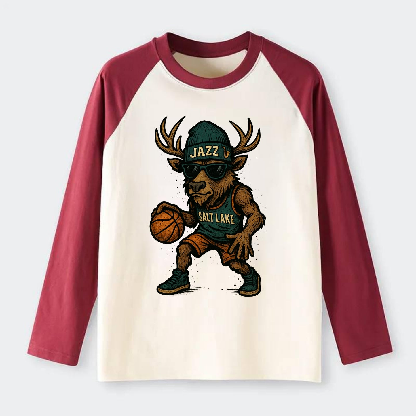Salt Lake Elk wearing Jazz beanie with saxophone patch and wayfarer - Raglan Long Sleeve T-Shirt - Red