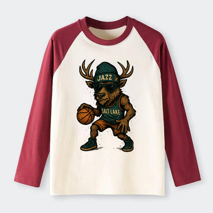 Salt Lake Elk wearing Jazz beanie with saxophone patch and wayfarer - Raglan Long Sleeve T-Shirt - Red