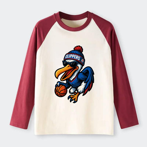 Los Angeles Pelican wearing Clippers beanie with sailboat patch and - Raglan Long Sleeve T-Shirt
