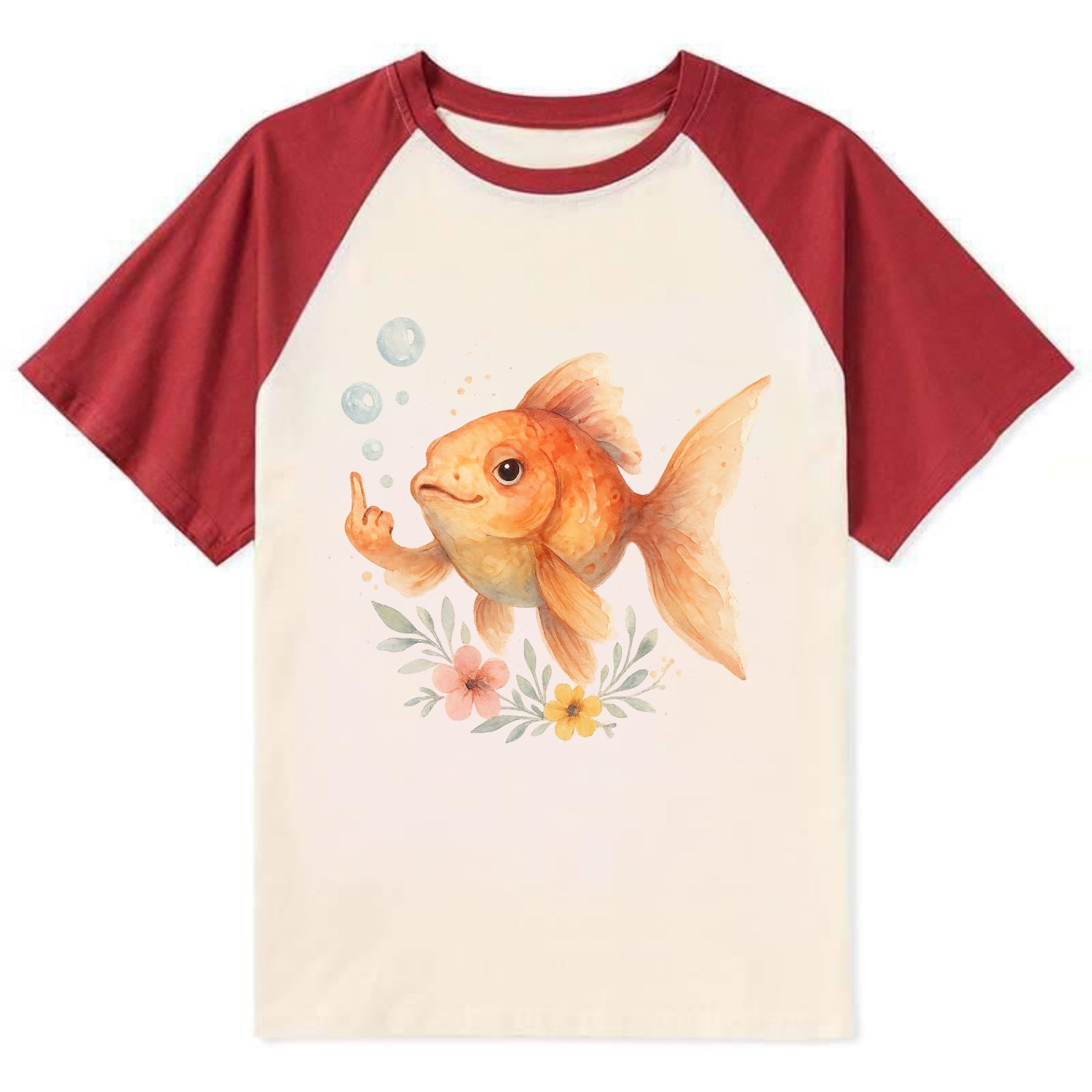 chubby goldfish blowing bubbles, one fin extended like middle finger - Contrast Raglan T-shirt - Red