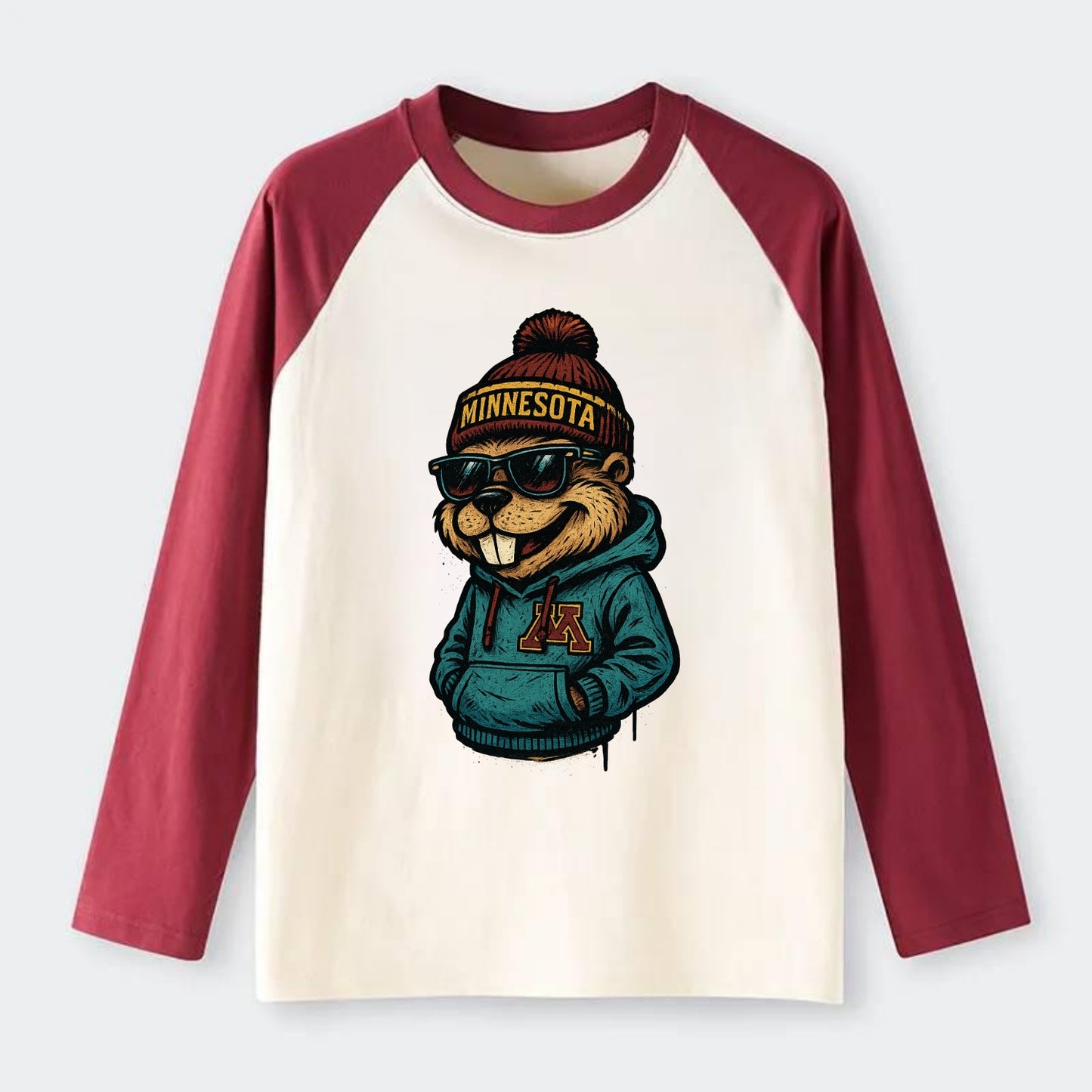 Minneapolis Gopher wearing Minnesota beanie with M patch - Raglan Long Sleeve T-Shirt - Red