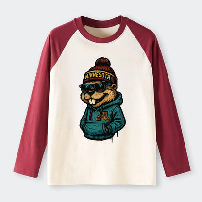 Minneapolis Gopher wearing Minnesota beanie with M patch - Raglan Long Sleeve T-Shirt - Red